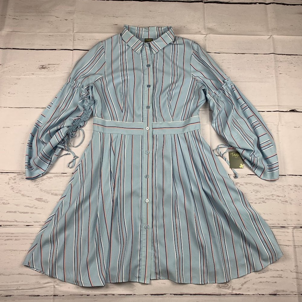 Taylor NWT womens 8 blue striped bell sleeve button shirt dress *as is